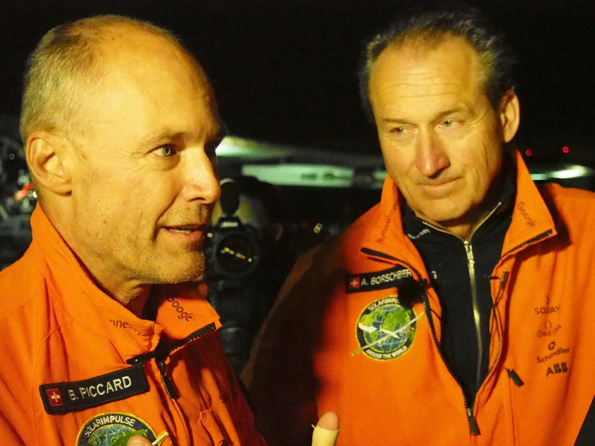 Bertrand Piccard and Andre Borschberg co-founded the Solar Impulse project years ago. Notice his stubble, probably not much time for shaving while flying. Bertrand Piccard seemed alert and happy even after sleeping very little for the last 3 days.
