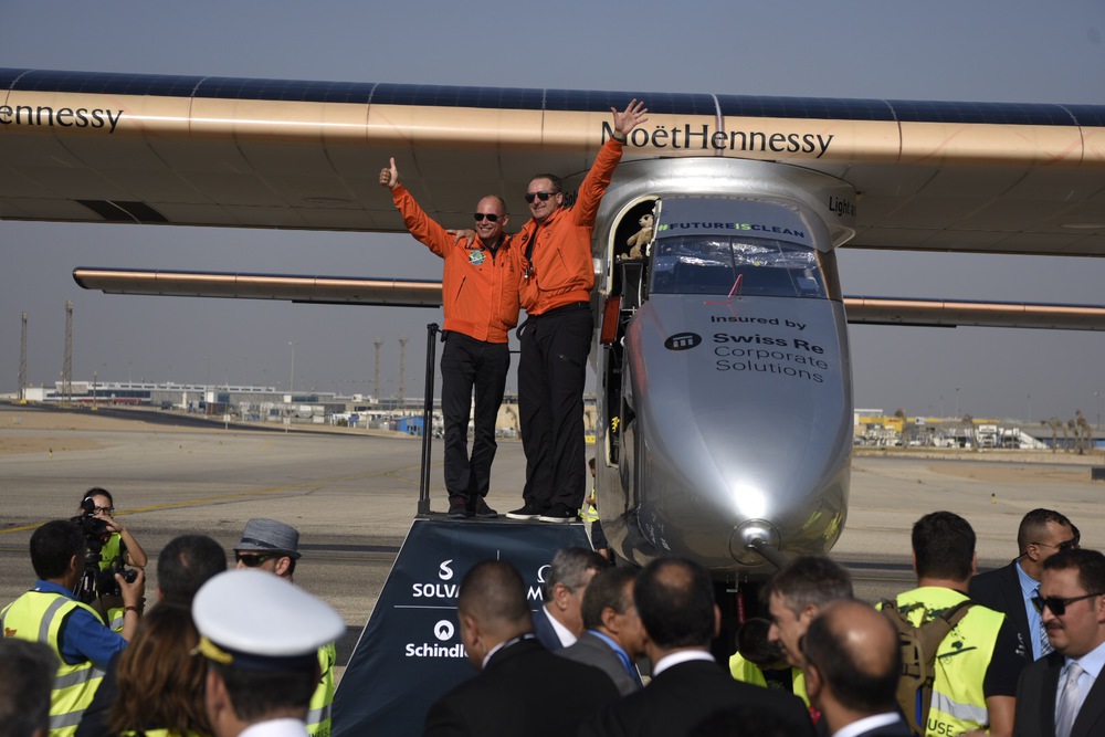 Bertrand Piccard and Andre Borschberg greeting the crowd in Cairo Egypt, following Andre's two-day flight from Spain.