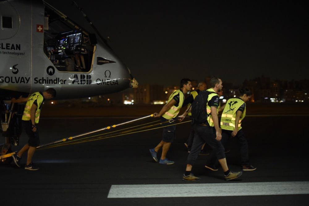 Cairo, Egypt, July 24 2016: Solar Impulse successfully took-off from Cairo with Bertrand Piccard at the controls. Departed from Abu Dhabi on march 9th 2015, the Round-the-World Solar Flight will take 500 flight hours and cover 35000 km. Swiss founders and pilots, Bertrand Piccard and André Borschberg hope to demonstrate how pioneering spirit, innovation and clean technologies can change the world. The duo will take turns flying Solar Impulse 2, changing at each stop and will fly over the Arabian Sea, to India, to Myanmar, to China, across the Pacific Ocean, to the United States, over the Atlantic Ocean to Southern Europe or Northern Africa before finishing the journey by returning to the initial departure point. Landings will be made every few days to switch pilots and organize public events for governments, schools and universities.