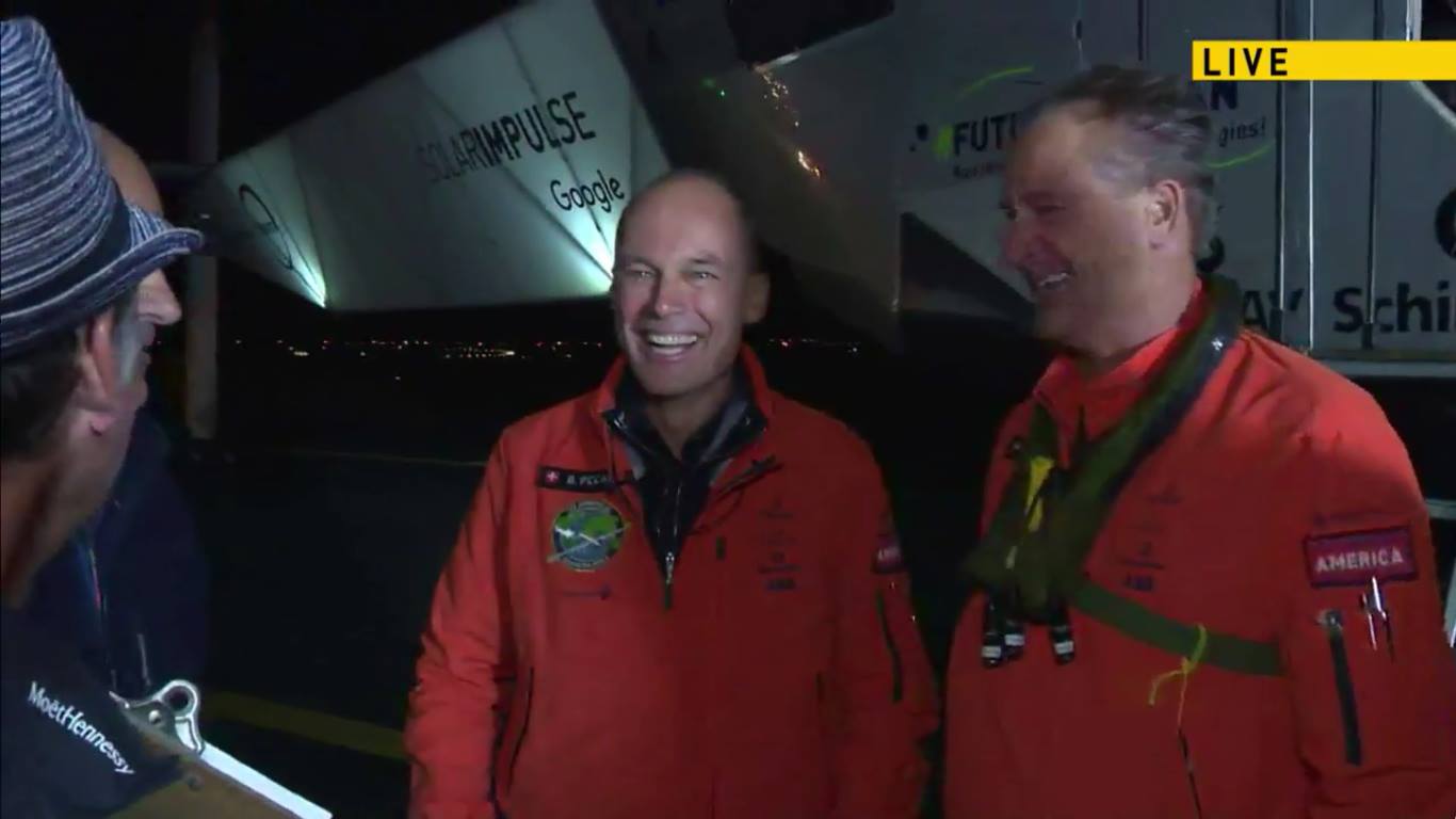 Bertrand Piccard and Andre Borschberg on the ground at JFK, courtesy of Solar Impulse Live Stream