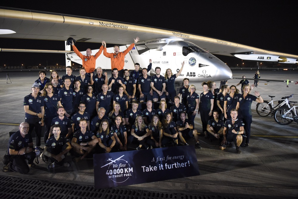 Abu Dhabi, UAE, July 27th 2016: Solar Impulse successfully landed in Abu Dhabi with Bertrand Piccard at the controls, completing the last leg of the Round-The-World journey. Departed from Abu Dhabi on march 9th 2015, the Round-the-World Solar Flight took more than 500 flight hours and covered 40000 km. Swiss founders and pilots, Bertrand Piccard and André Borschberg aim to demonstrate how pioneering spirit, innovation and clean technologies can change the world. The duo took turns flying Solar Impulse 2, changing at each stop and will fly over the Arabian Sea, to India, to Myanmar, to China, across the Pacific Ocean, to the United States, over the Atlantic Ocean to Southern Europe or Northern Africa before finishing the journey by returning to the initial departure point.